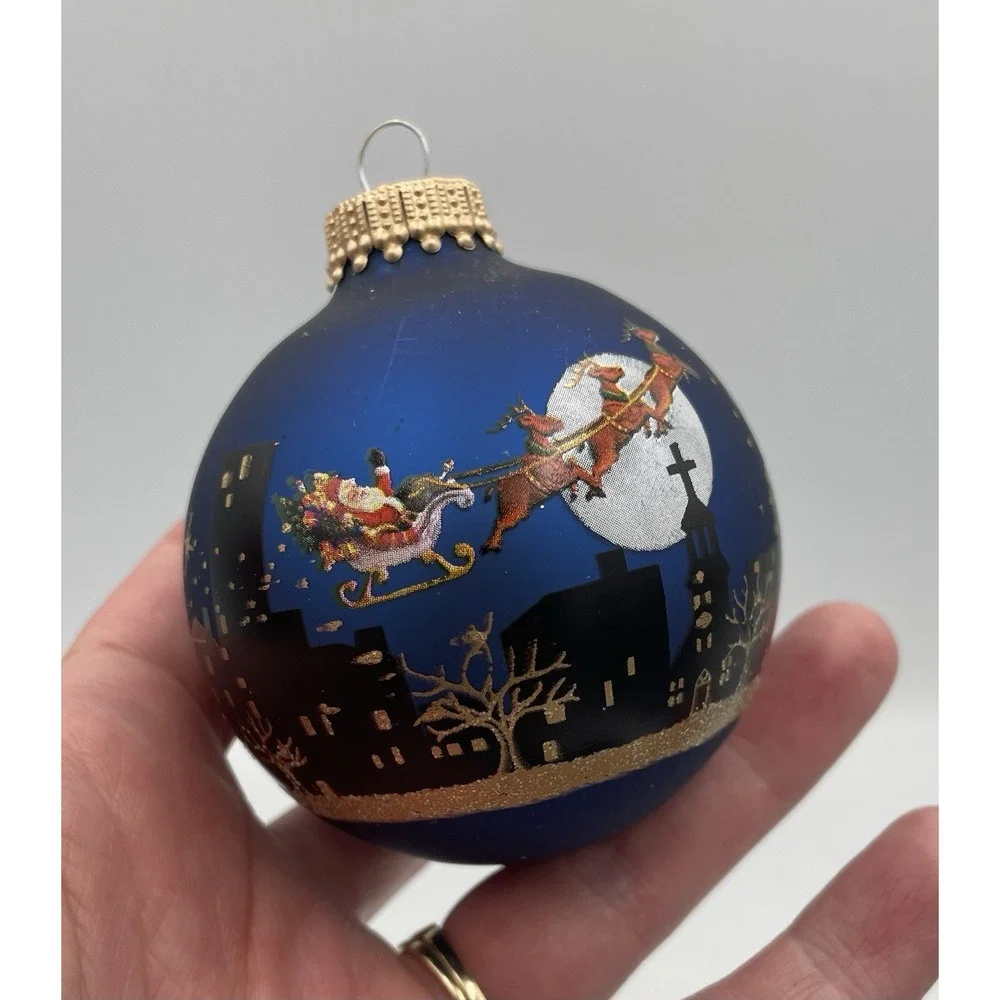 Vtg. Christmas Ornaments Krebs Set / 9 Sapphire Blue Santa's Sleigh City Skyline